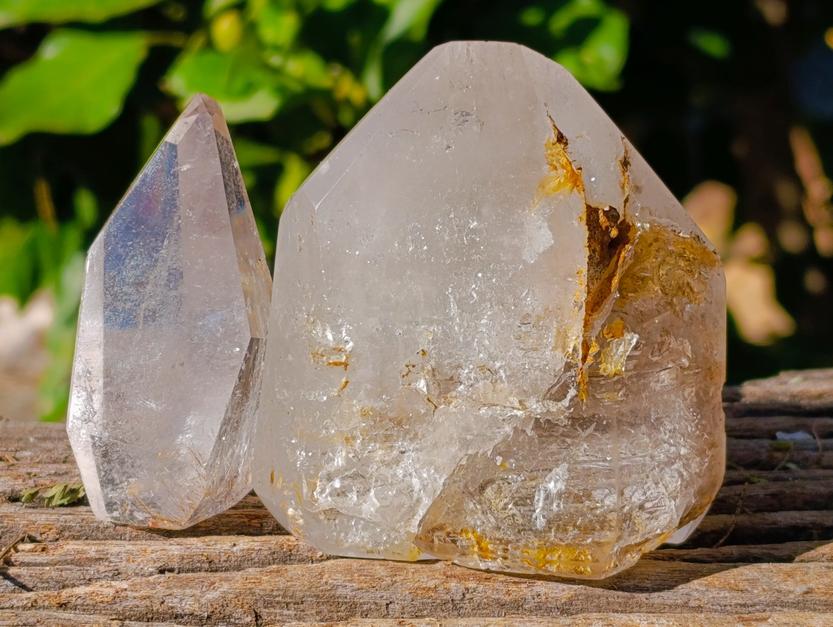 Polished Mix of Clear and Smokey Quartz Crystals with Golden Rutile Inclusion x 4 From Ambatondrazaka, Madagascar - Toprock Gemstones and Minerals 