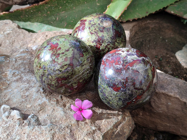 Polished Bastite Dragons Blood Stone Sphere-Ball x 3 From Tshipise, South Africa