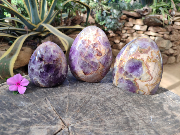 Polished Chevron Amethyst Standing Free Form x 3 From Ankazobe, Madagascar