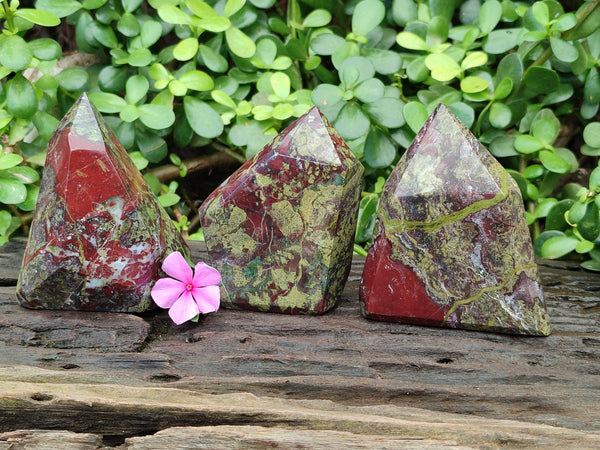 Polished Bastite Dragons Blood Stone Points x 3 From Tshipise, South Africa