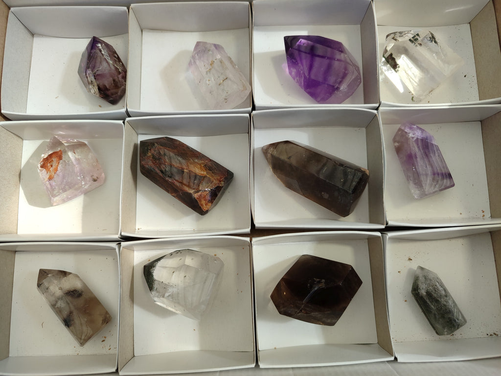 Polished Mixed Wonderland Inclusion Quartz Crystals Including Speculate Hematite x 12 from Madagascar - Toprock Gemstones and Minerals 