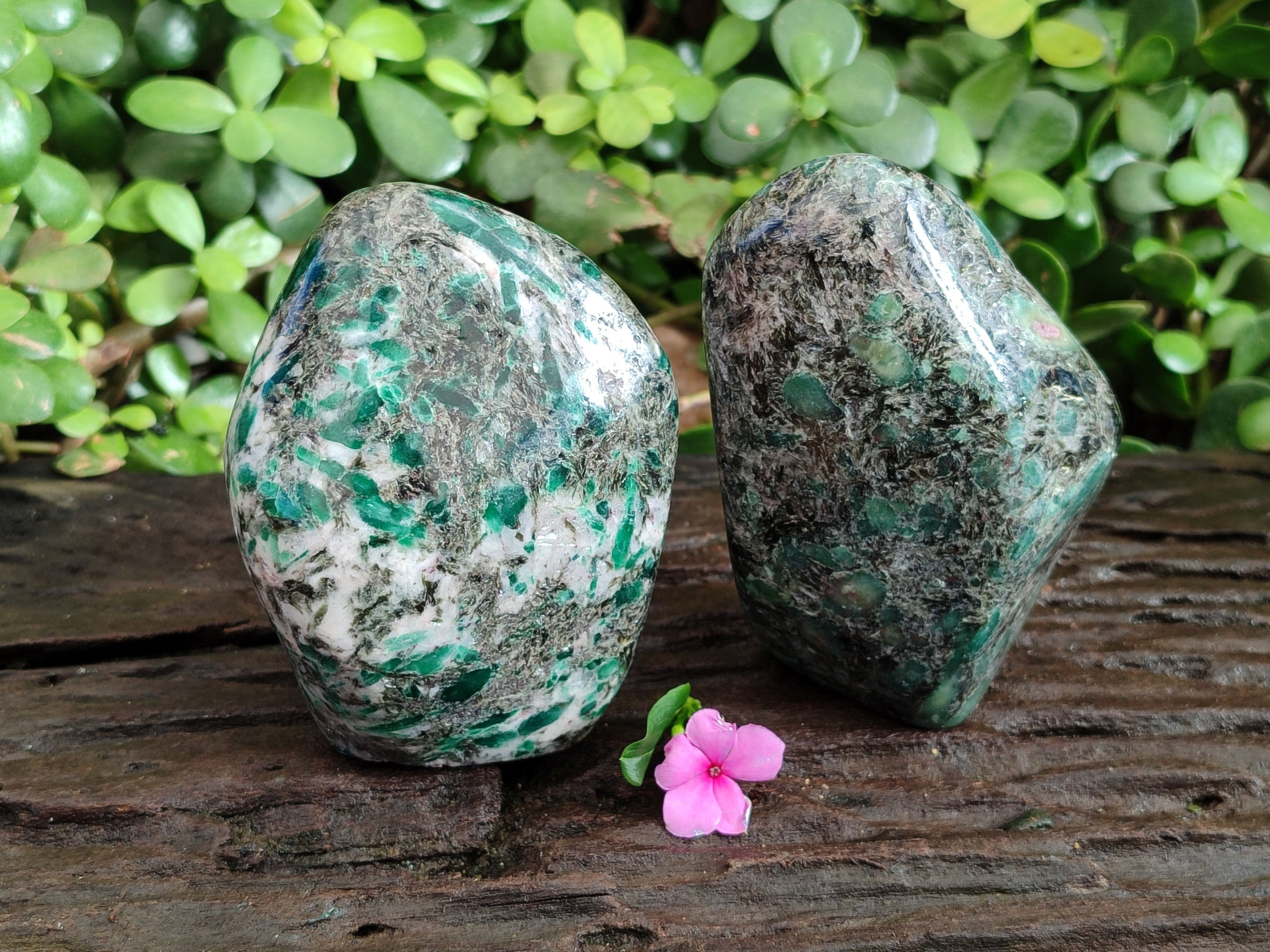 Polished Emerald Mica In Matrix Standing Free Forms x 2 From Mutoko, Zimbabwe - Toprock Gemstones and Minerals 