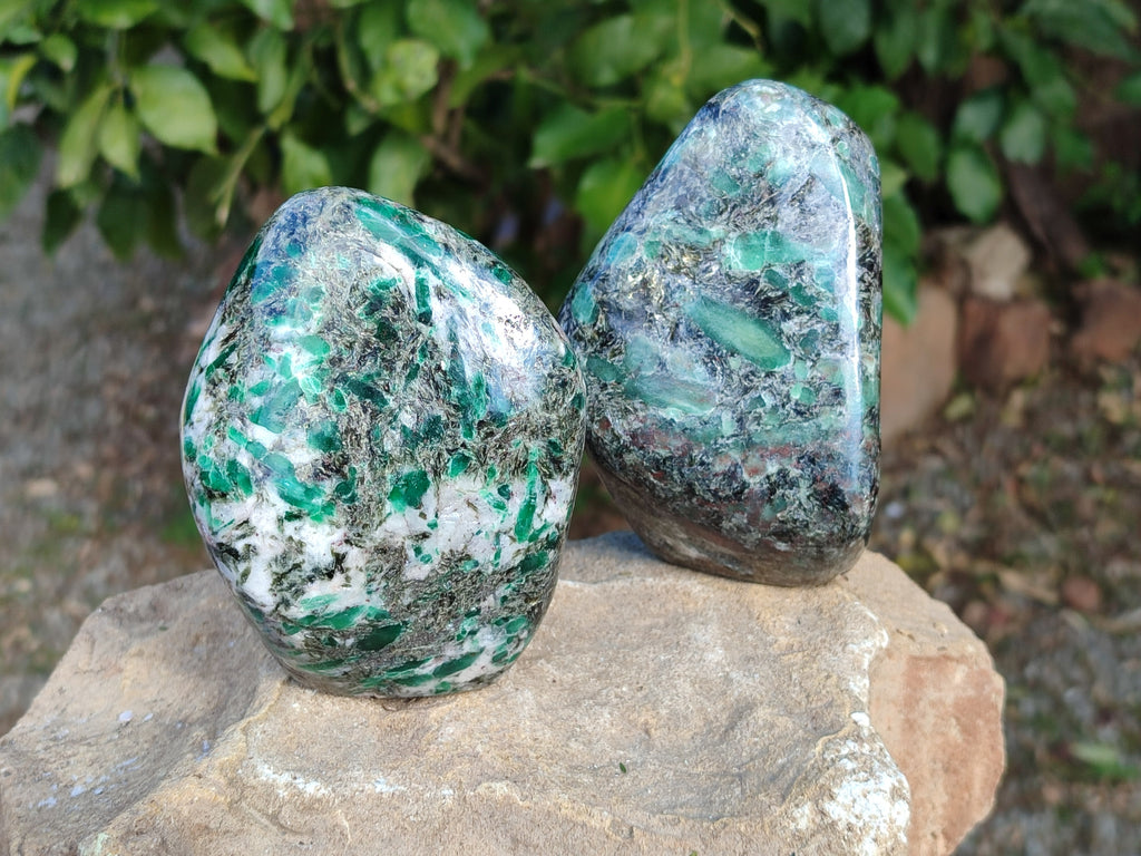 Polished Emerald Mica In Matrix Standing Free Forms x 2 From Mutoko, Zimbabwe - Toprock Gemstones and Minerals 