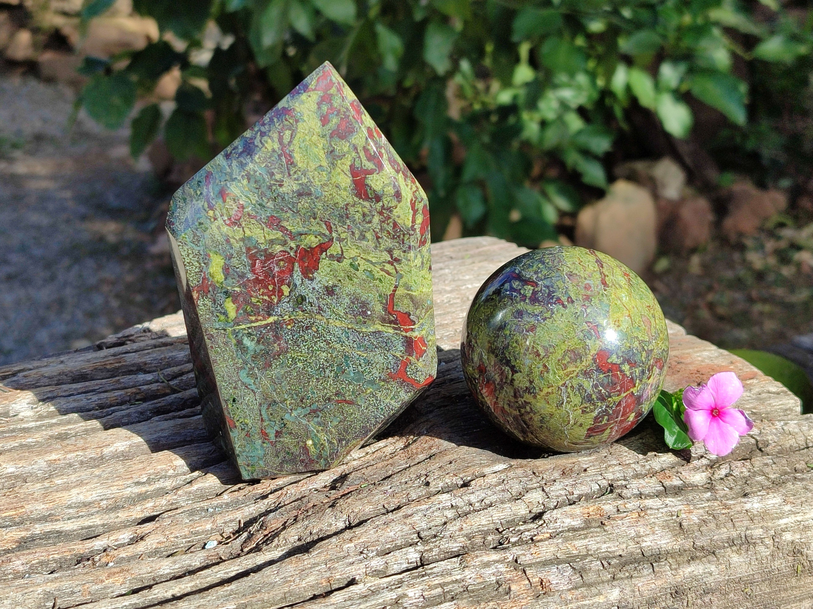 Polished Bastite Dragons Blood Stone Point and Sphere x 2 From Tshipise, South Africa - Toprock Gemstones and Minerals 
