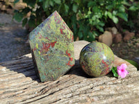 Polished Bastite Dragons Blood Stone Point and Sphere x 2 From Tshipise, South Africa