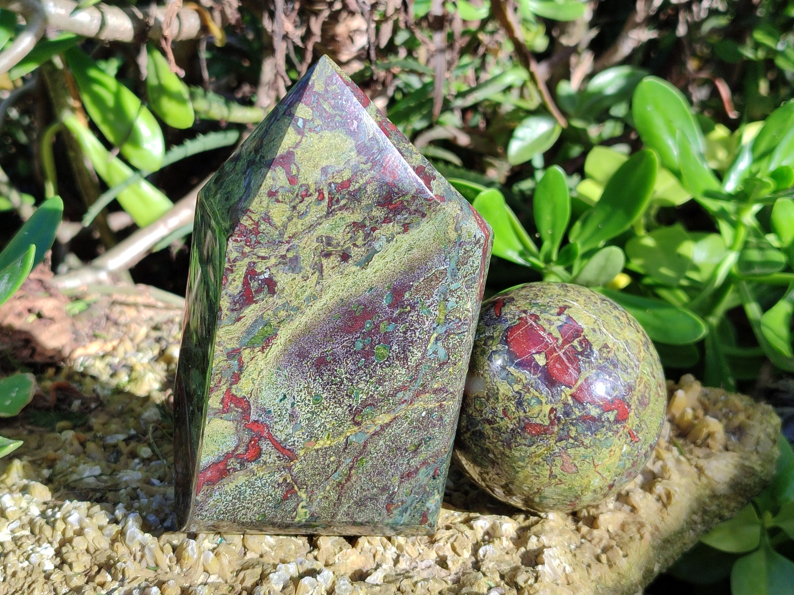 Polished Bastite Dragons Blood Stone Point and Sphere x 2 From Tshipise, South Africa - Toprock Gemstones and Minerals 