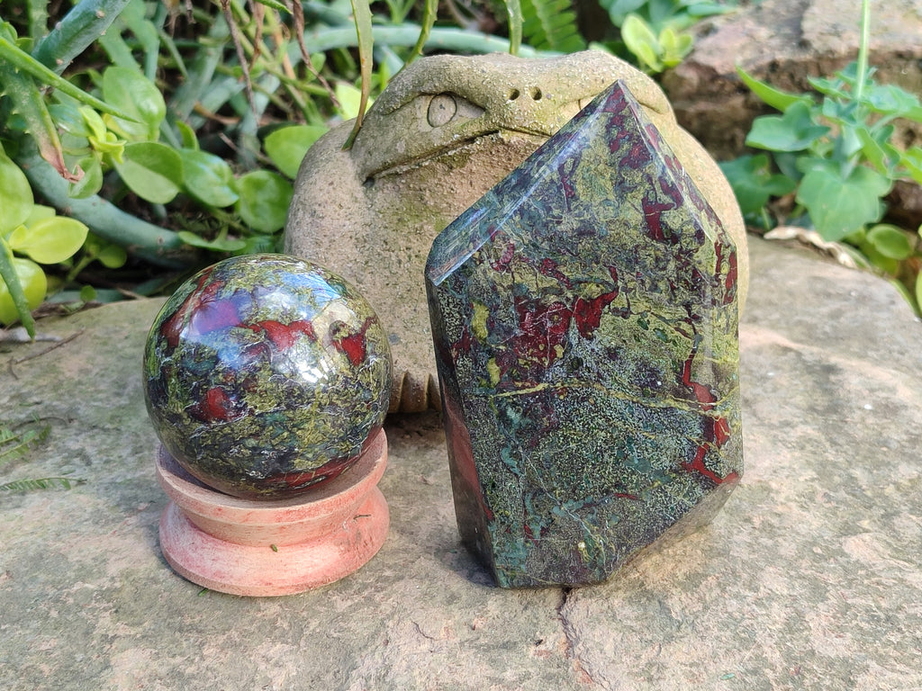 Polished Bastite Dragons Blood Stone Point and Sphere x 2 From Tshipise, South Africa - Toprock Gemstones and Minerals 