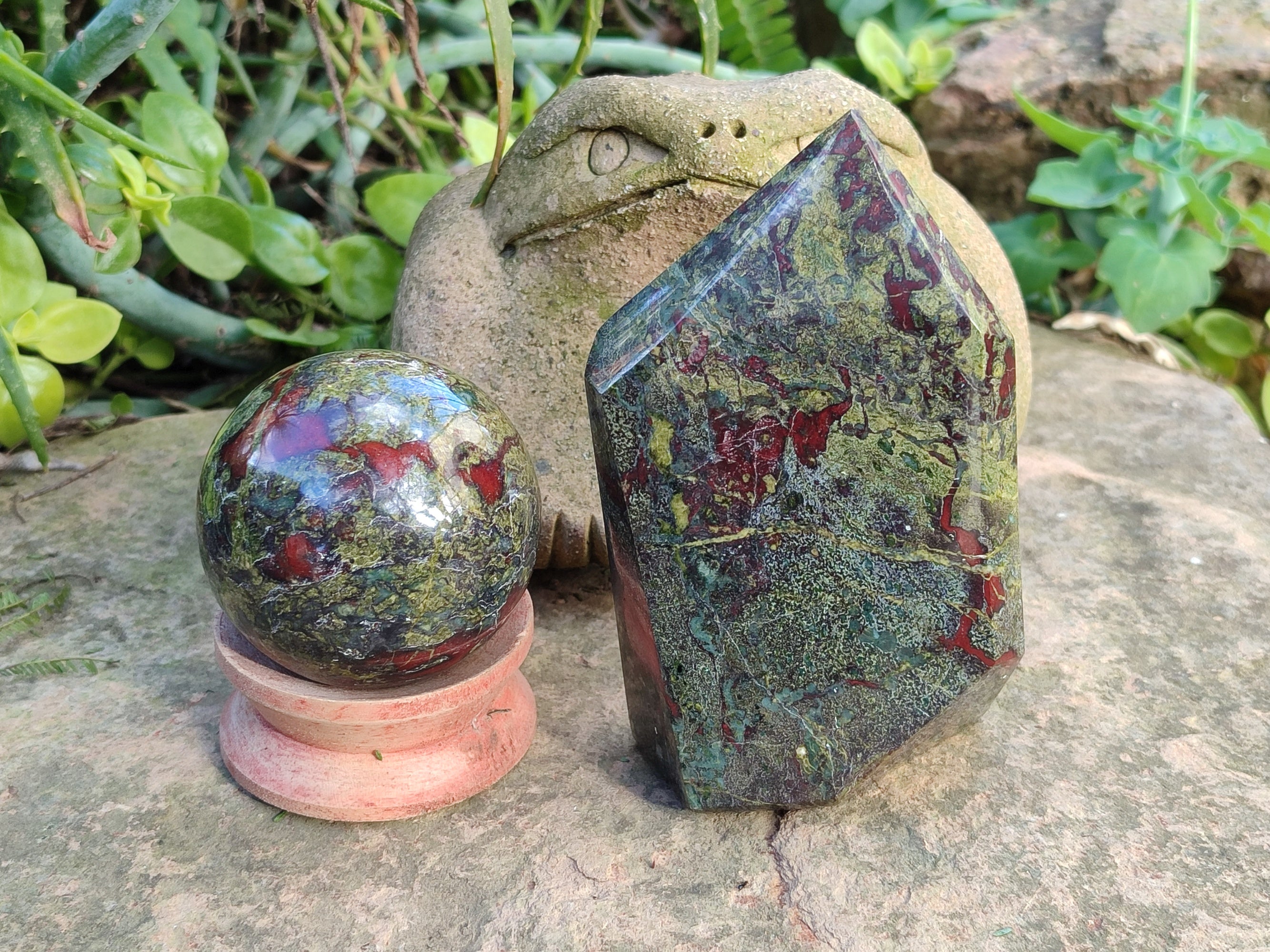 Polished Bastite Dragons Blood Stone Point and Sphere x 2 From Tshipise, South Africa - Toprock Gemstones and Minerals 