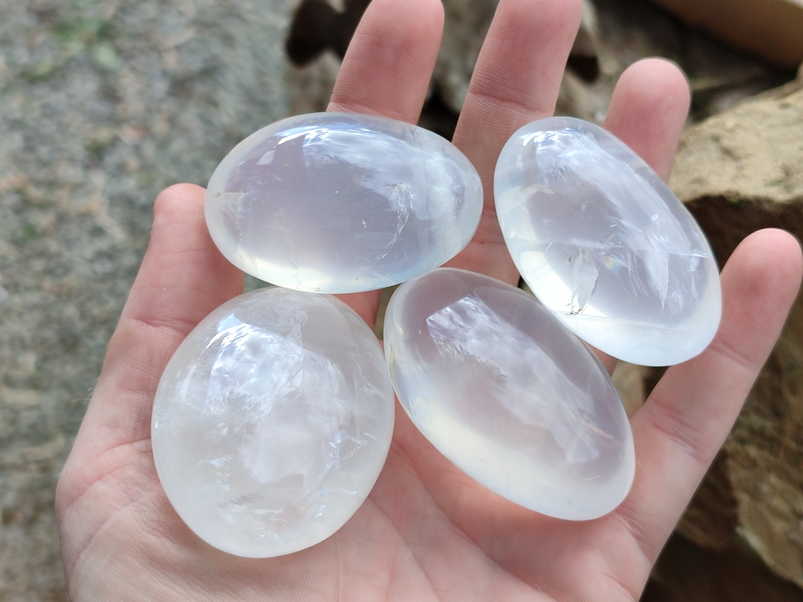 Polished Pearl Girasol Quartz Crystal Palm Stones x 25 From Ambatondrazaka, Madagascar - Toprock Gemstones and Minerals 