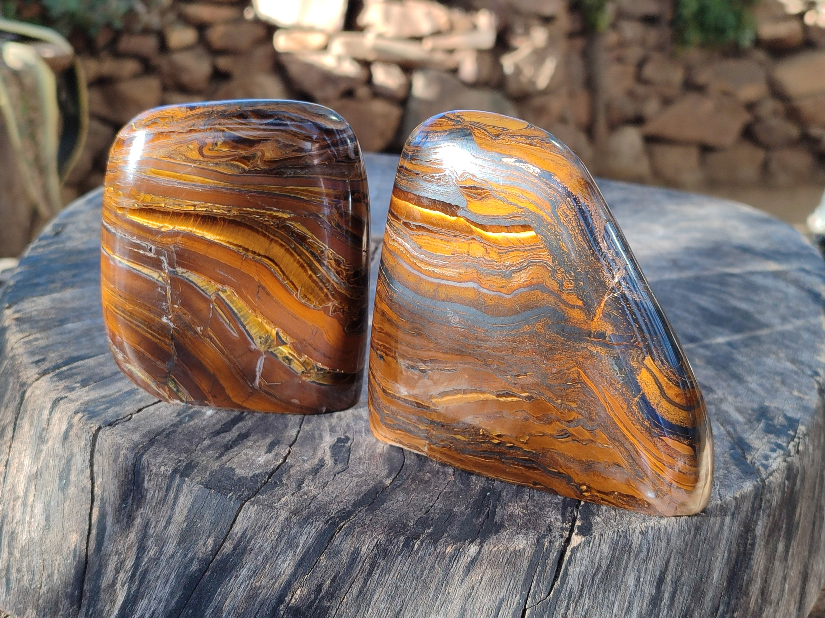 Polished Golden River Tigers Eye Standing Free Forms x 2 From Prieska, South Africa - Toprock Gemstones and Minerals 
