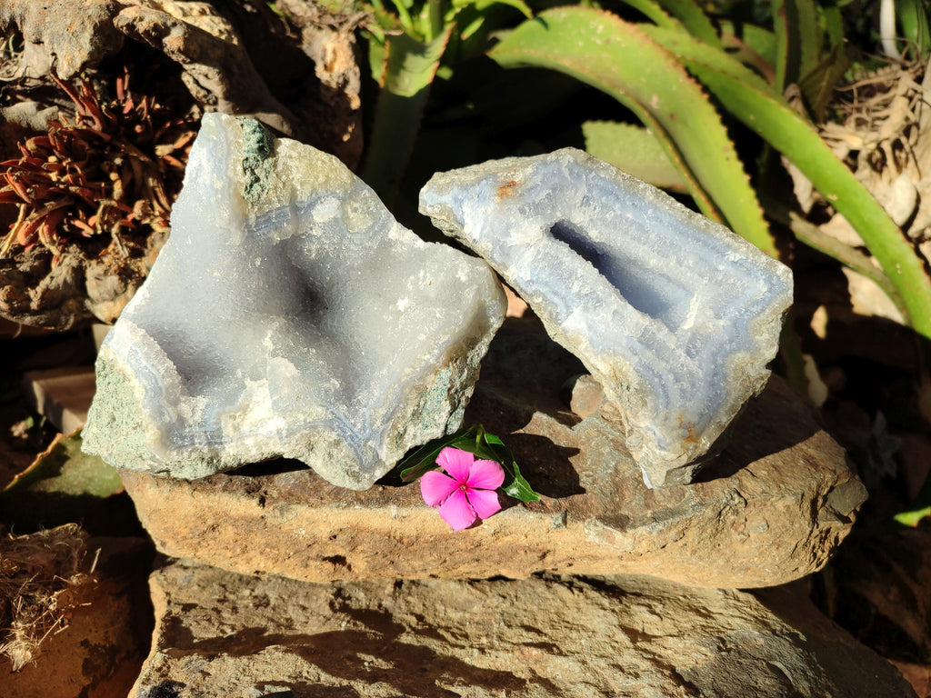 Natural Blue Lace Agate Geode Specimens x 2 From Nsanje, Malawi - Toprock Gemstones and Minerals 