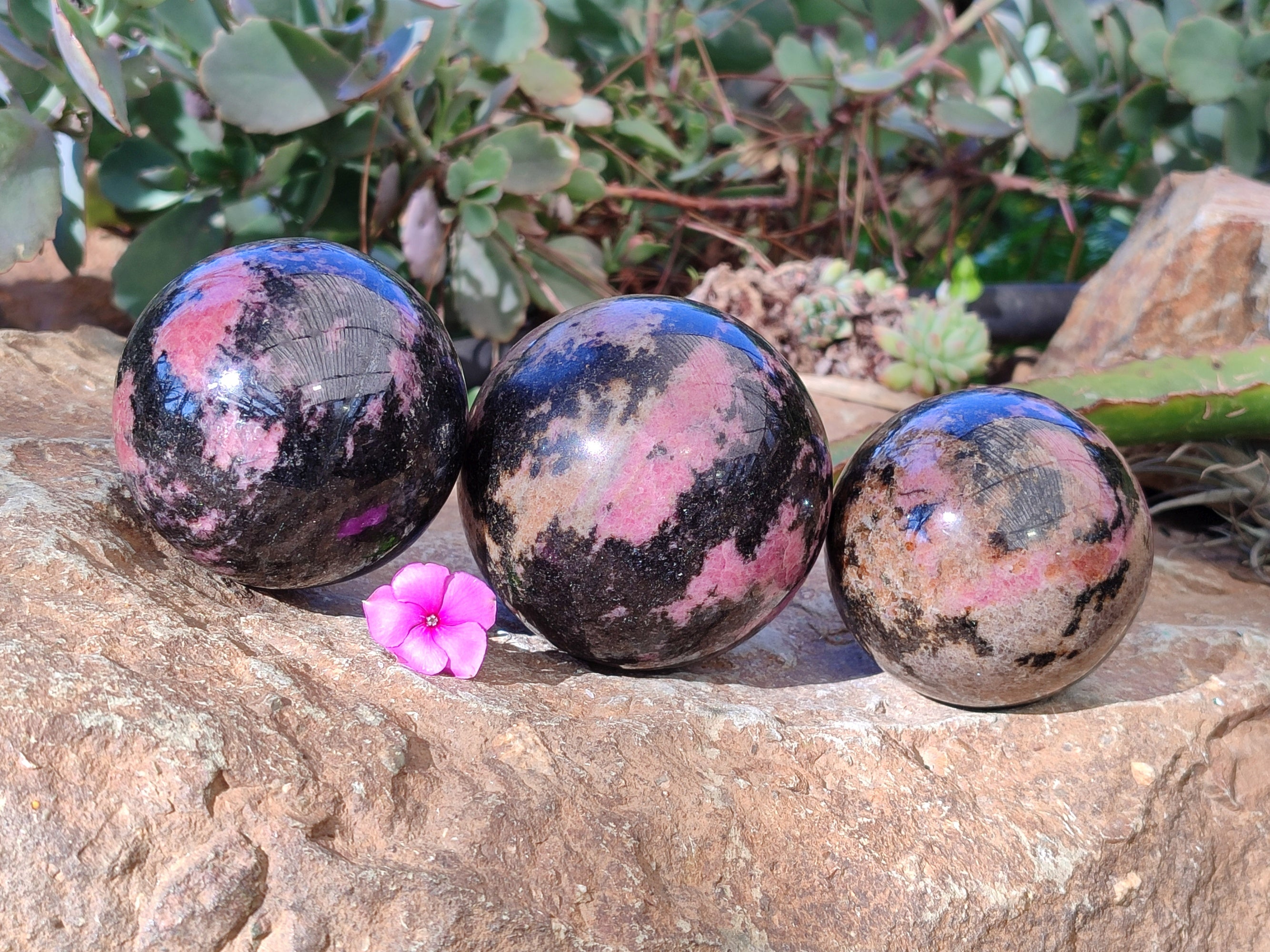 Polished Pink Rhodonite Spheres x 3 From Ambindavato, Madagascar - Toprock Gemstones and Minerals 