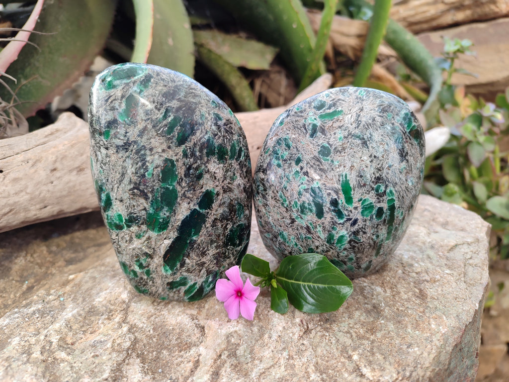 Polished Emerald Mica In Matrix Standing Free Forms x 2 From Mutoko, Zimbabwe - Toprock Gemstones and Minerals 