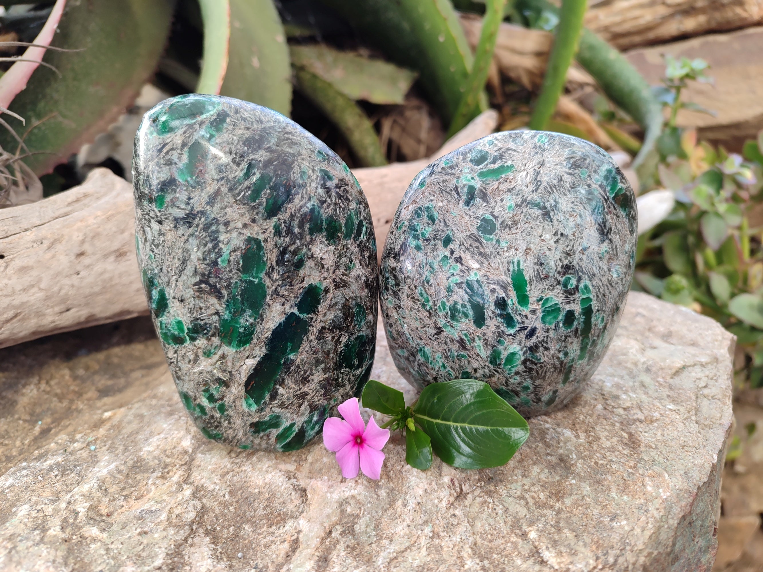Polished Emerald Mica In Matrix Standing Free Forms x 2 From Mutoko, Zimbabwe - Toprock Gemstones and Minerals 