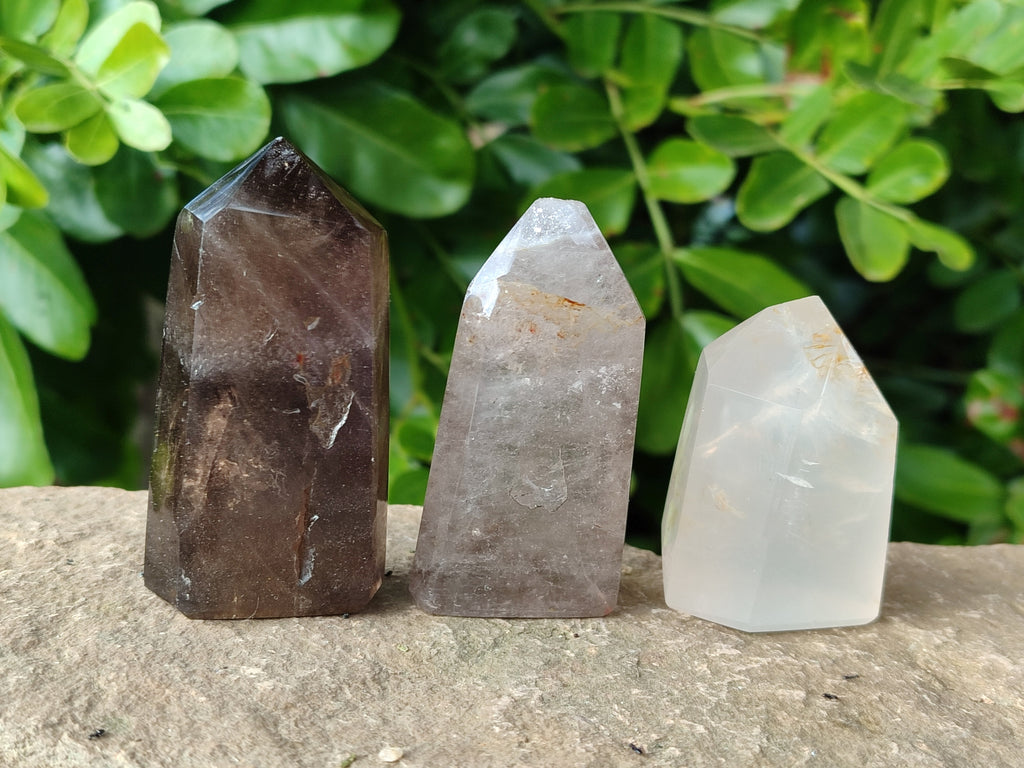 Polished Mixed Quartz and Smokey Quartz with Chlorite "Moss" Inclusions x 12 from Madagascar - Toprock Gemstones and Minerals 
