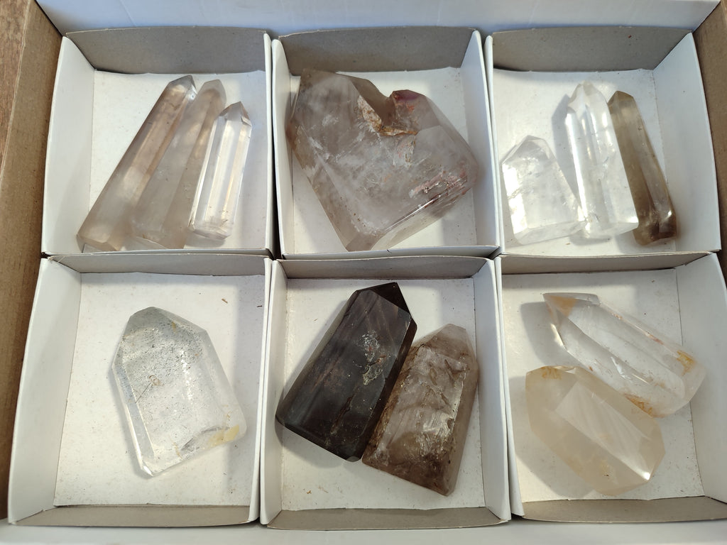 Polished Mixed Quartz and Smokey Quartz with Chlorite "Moss" Inclusions x 12 from Madagascar - Toprock Gemstones and Minerals 