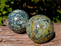 Polished "African Turquoise" Chrysocolla Spheres x 2 From Blue Mine, South Africa - Toprock Gemstones and Minerals 