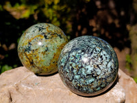 Polished "African Turquoise" Chrysocolla Spheres x 2 From Blue Mine, South Africa - Toprock Gemstones and Minerals 