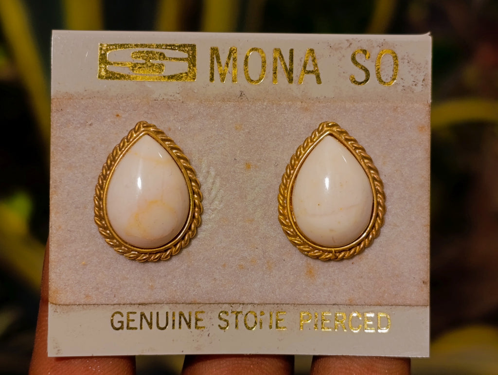 Polished White Onyx Teardrop with Gold Trim Earrings - Sold per Pair - From Swaziland - Toprock Gemstones and Minerals 
