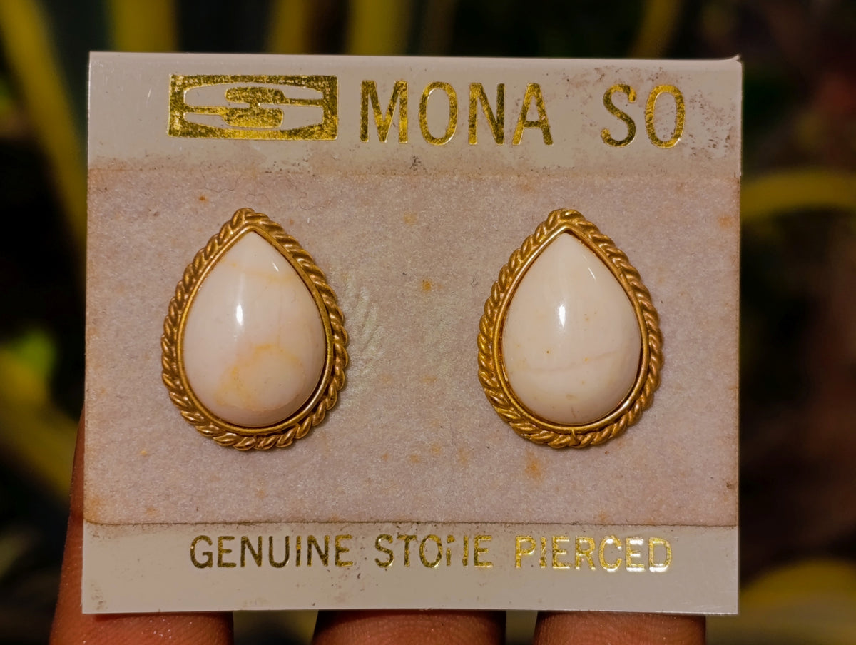 Polished White Onyx Teardrop with Gold Trim Earrings - Sold per Pair - From Swaziland - Toprock Gemstones and Minerals 