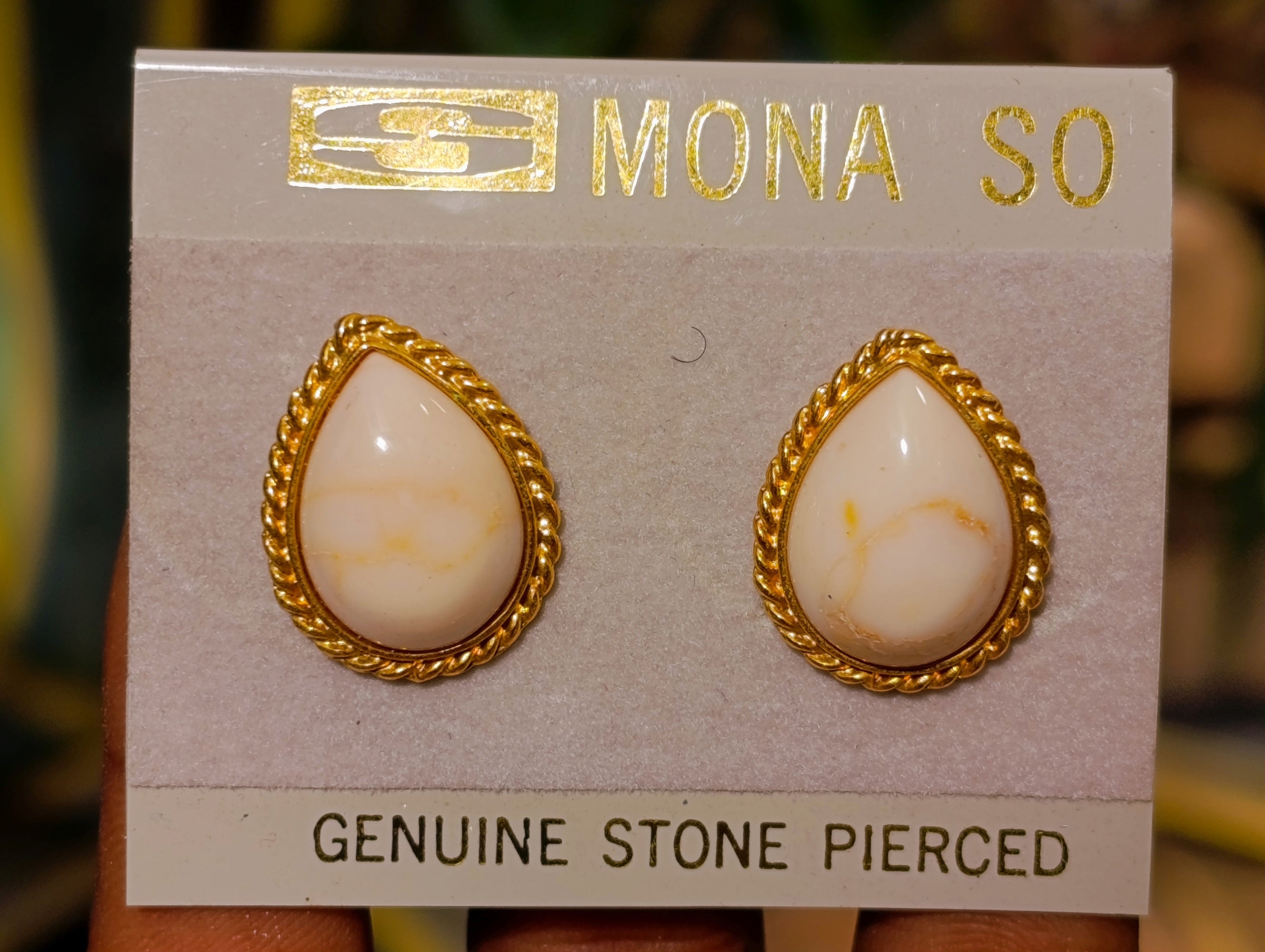 Polished White Onyx Teardrop with Gold Trim Earrings - Sold per Pair - From Swaziland - Toprock Gemstones and Minerals 
