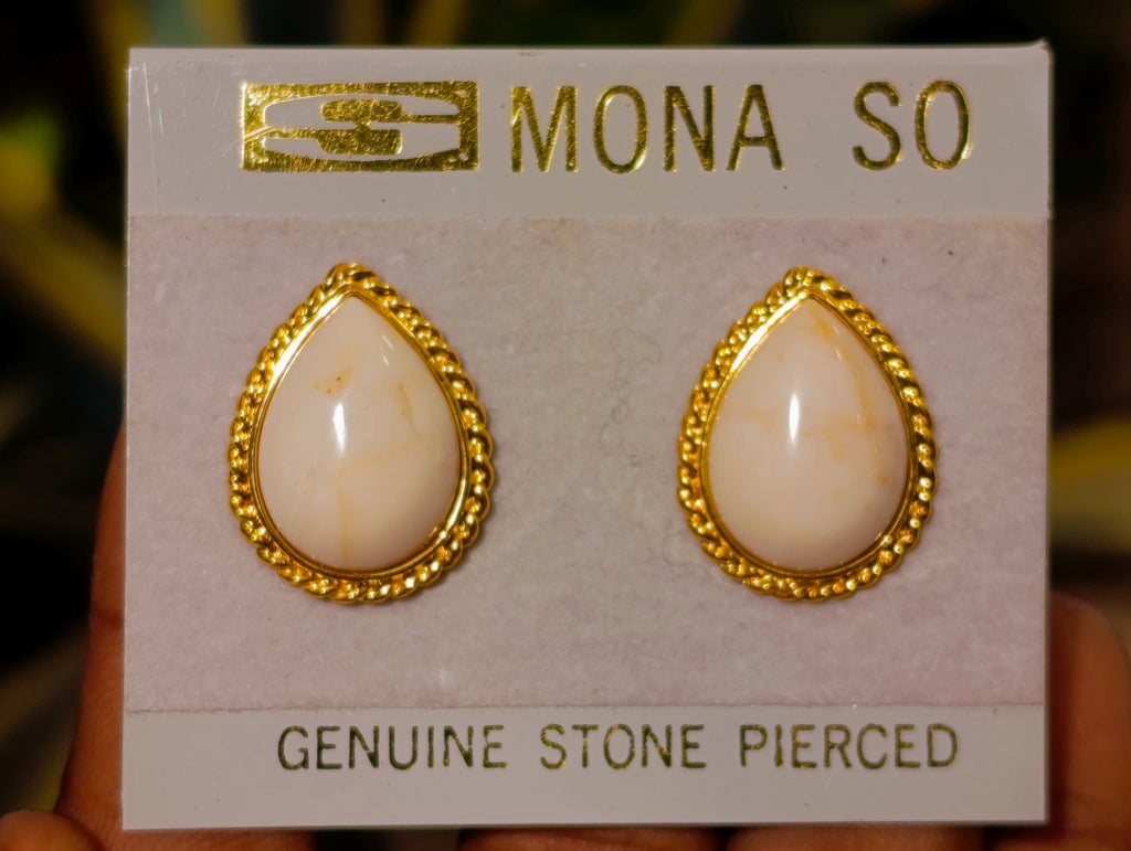Polished White Onyx Teardrop with Gold Trim Earrings - Sold per Pair - From Swaziland - Toprock Gemstones and Minerals 