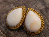 Polished White Onyx Teardrop with Gold Trim Earrings - Sold per Pair - From Swaziland
