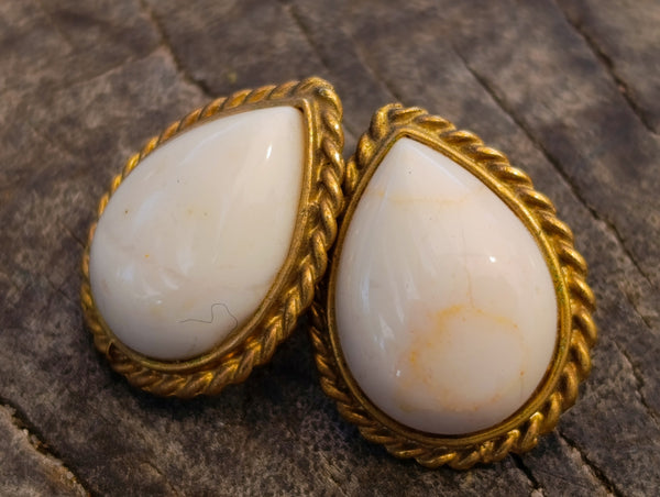Polished White Onyx Teardrop with Gold Trim Earrings - Sold per Pair - From Swaziland