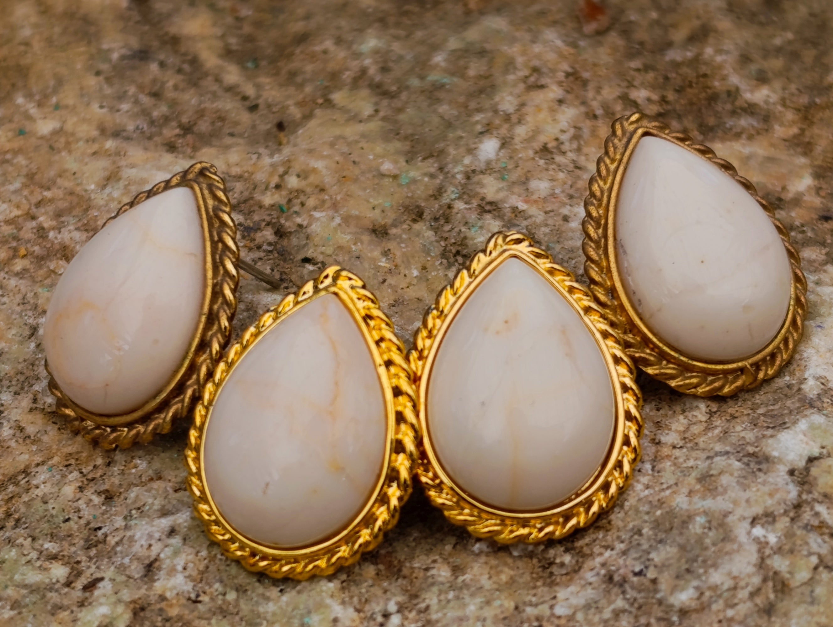 Polished White Onyx Teardrop with Gold Trim Earrings - Sold per Pair - From Swaziland - Toprock Gemstones and Minerals 