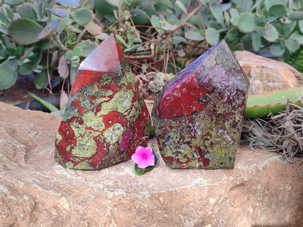 Polished Bastite Dragons Blood Stone Points x 2 From Tshipise, South Africa