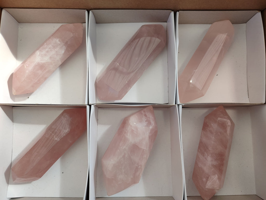 Polished Double Terminated Rose Quartz Points x 6 From Ambatondrazaka, Madagascar - Toprock Gemstones and Minerals 