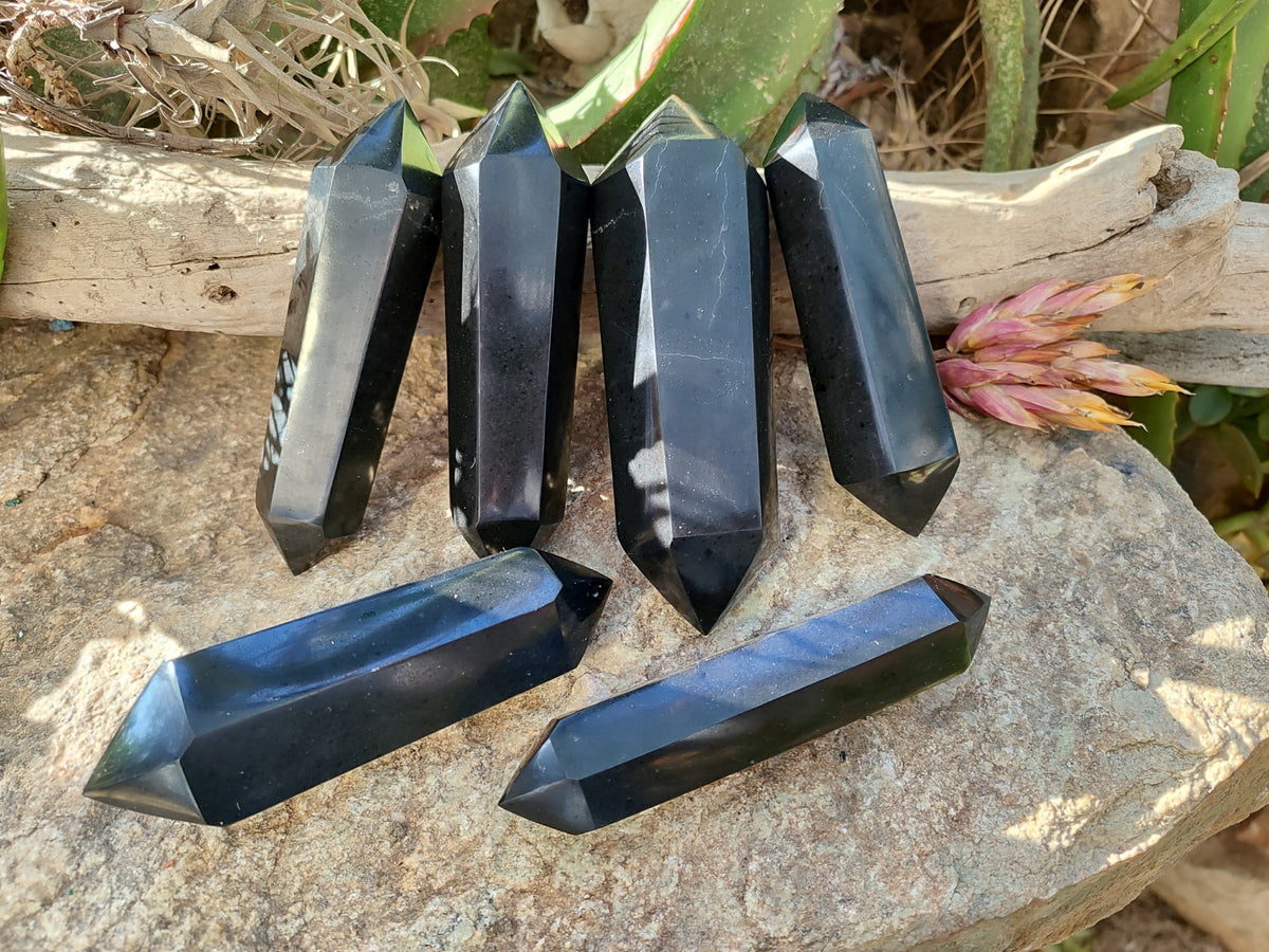 Polished Black Basalt Double Terminated Points x 6 From Antsirabe, Madagascar - Toprock Gemstones and Minerals 