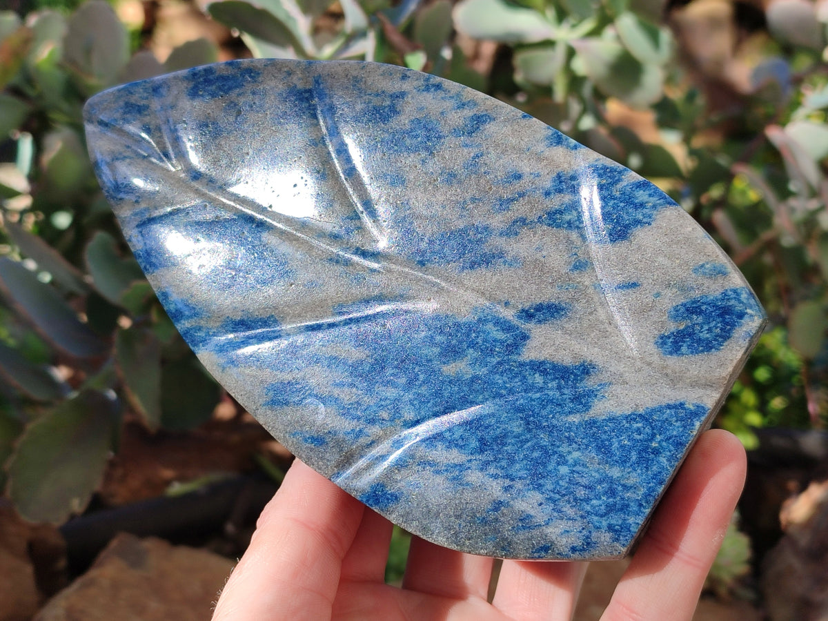 Polished Blue Spinel Spotted Quartz Leaf Sculpture x 2 From Madagascar - Toprock Gemstones and Minerals 
