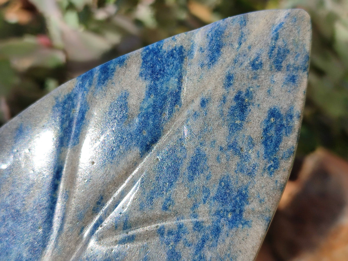 Polished Blue Spinel Spotted Quartz Leaf Sculpture x 2 From Madagascar - Toprock Gemstones and Minerals 