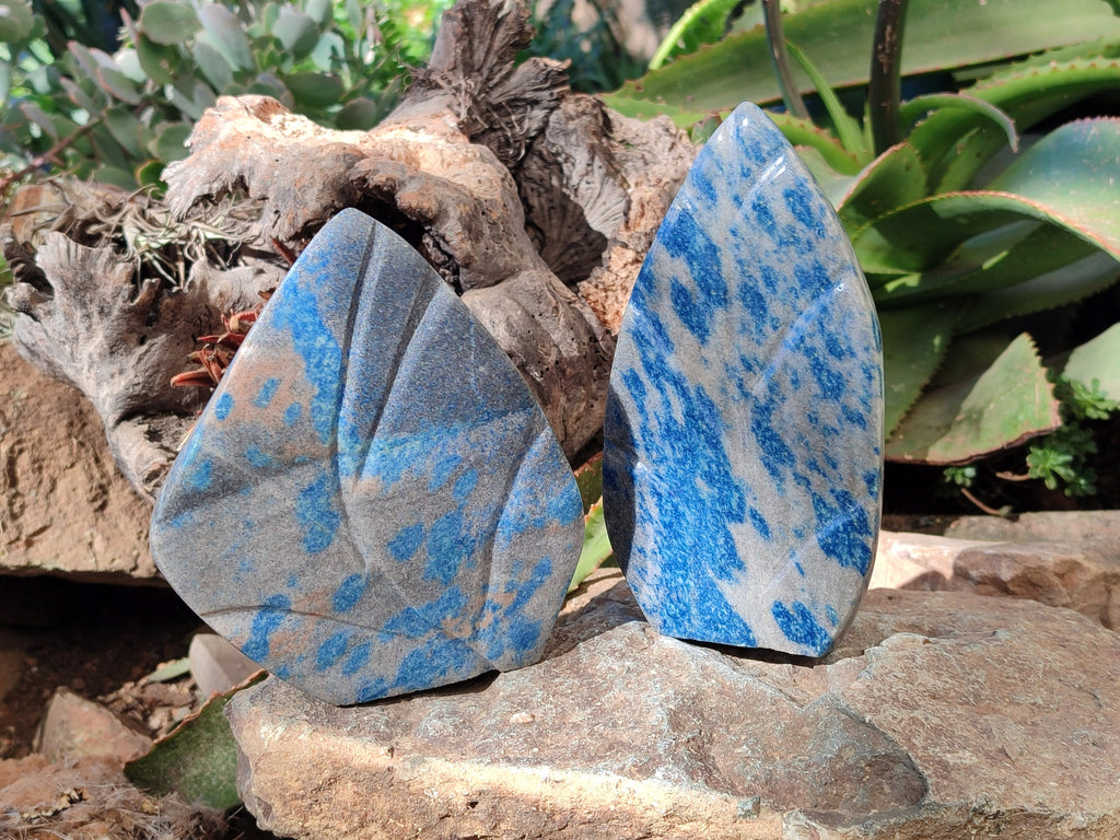 Polished Blue Spinel Spotted Quartz Leaf Sculpture x 2 From Madagascar - Toprock Gemstones and Minerals 