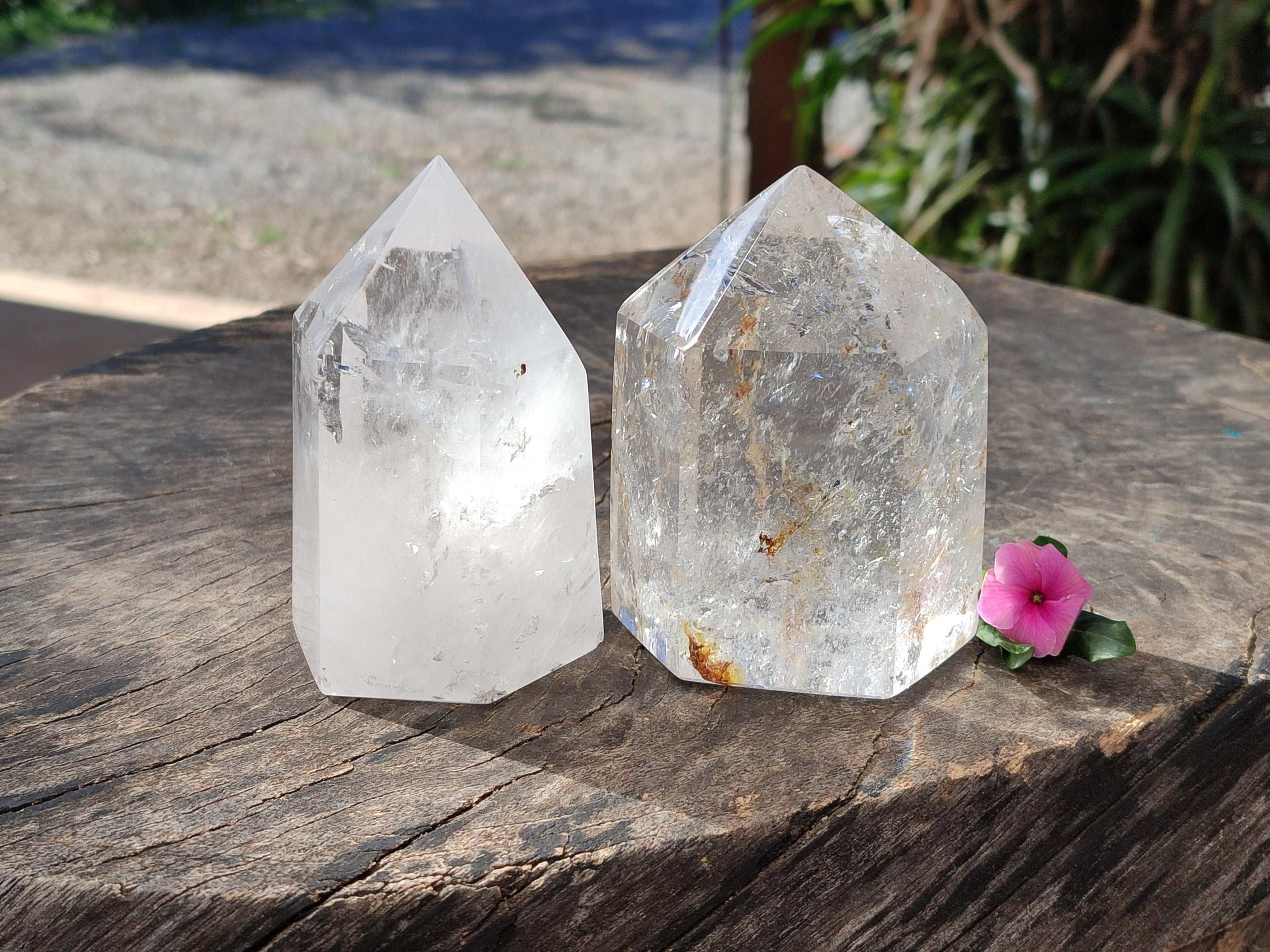 Polished Clear Quartz Crystals with Rainbow Veils x 2 From Madagascar - Toprock Gemstones and Minerals 