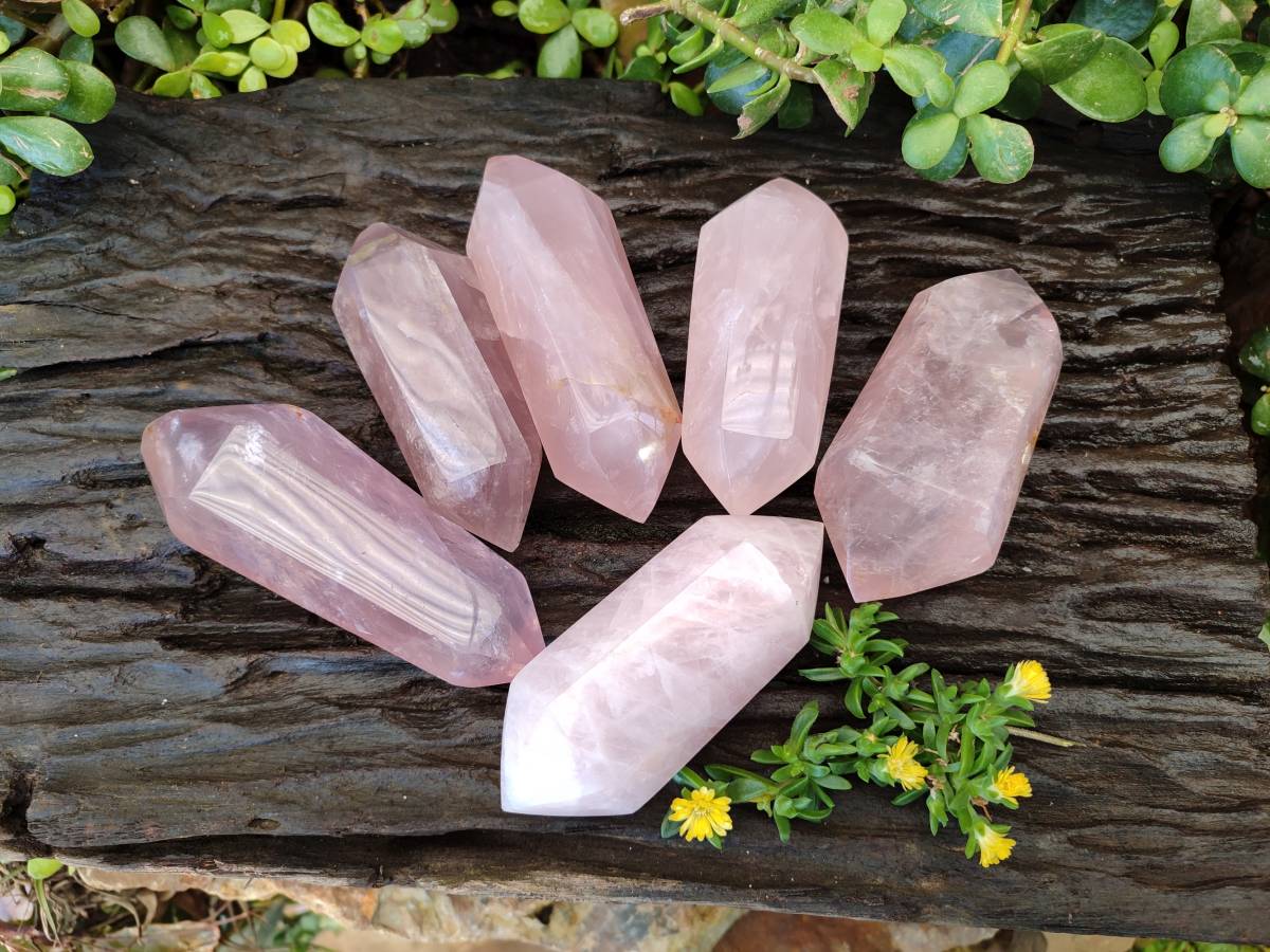 Polished Double Terminated Rose Quartz Points x 6 Ambatondrazaka, Madagascar - Toprock Gemstones and Minerals 
