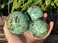 Polished "African Turquoise" Chrysocolla Spheres x 3 From Blue Mine, South Africa