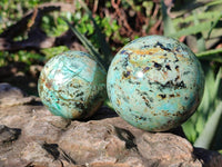 Polished "African Turquoise" Chrysocolla Spheres x 3 From Blue Mine, South Africa