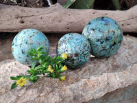 Polished "African Turquoise" Chrysocolla Spheres x 3 From Blue Mine, South Africa