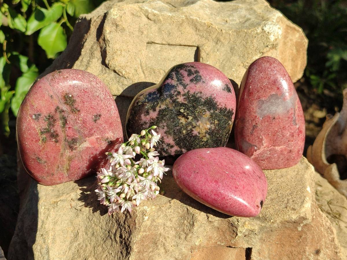 Polished Pink Rhodonite Free Forms And Hearts x 4 From Ambindavato, Madagascar - Toprock Gemstones and Minerals 