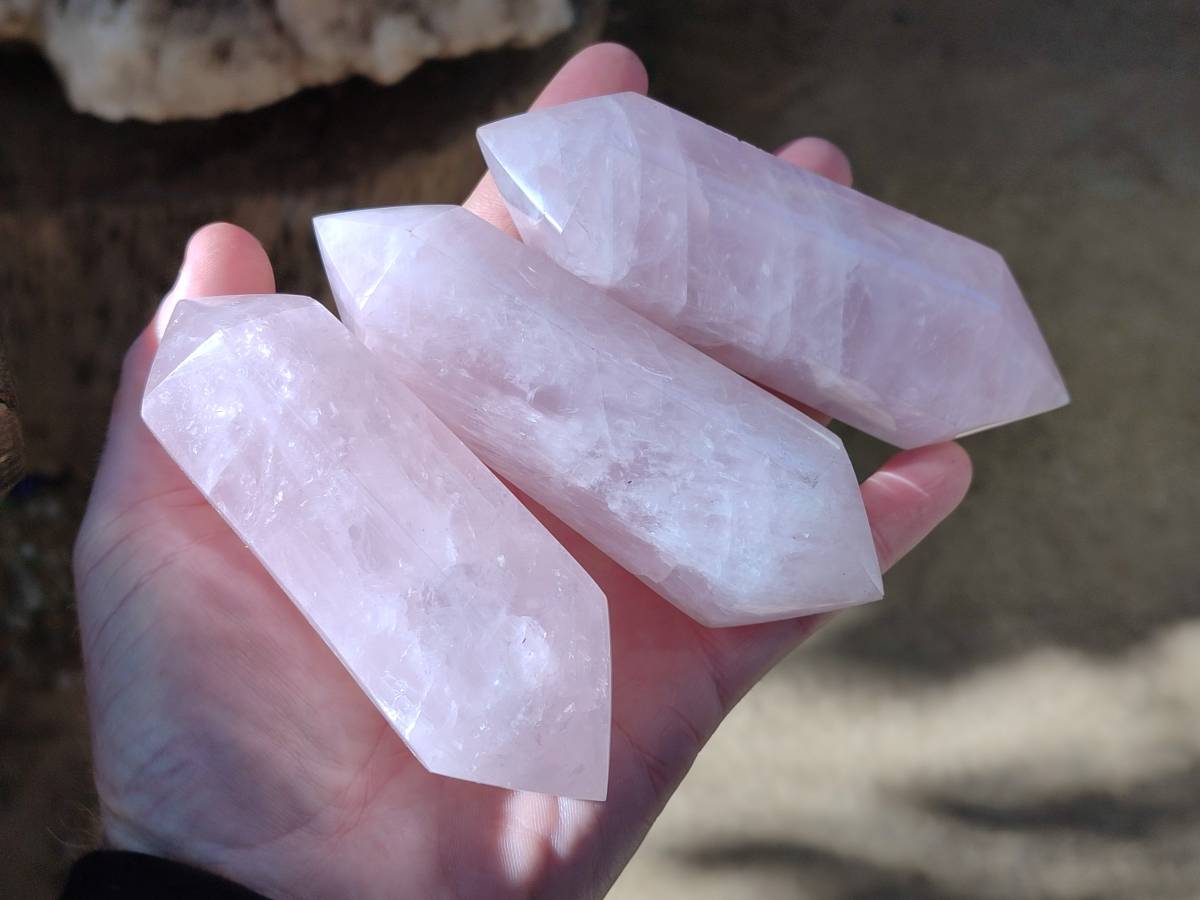 Polished Double Terminated Rose Quartz Points x 6 Ambatondrazaka, Madagascar - Toprock Gemstones and Minerals 