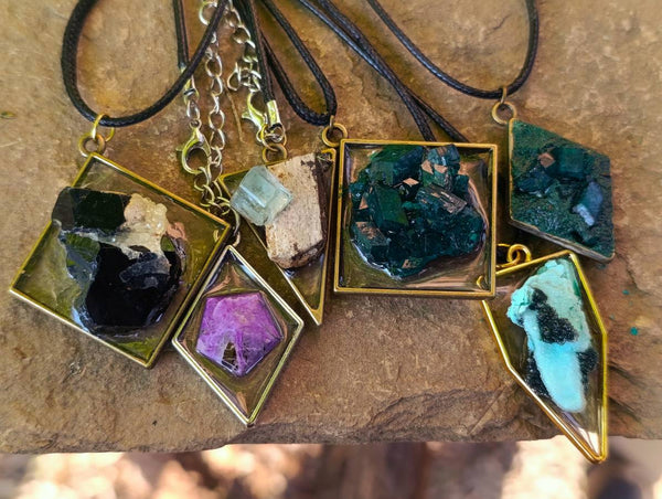 Hand Made Specially Selected Mixed Crystal Pendants - Set in Resin x 6 From Southern Africa