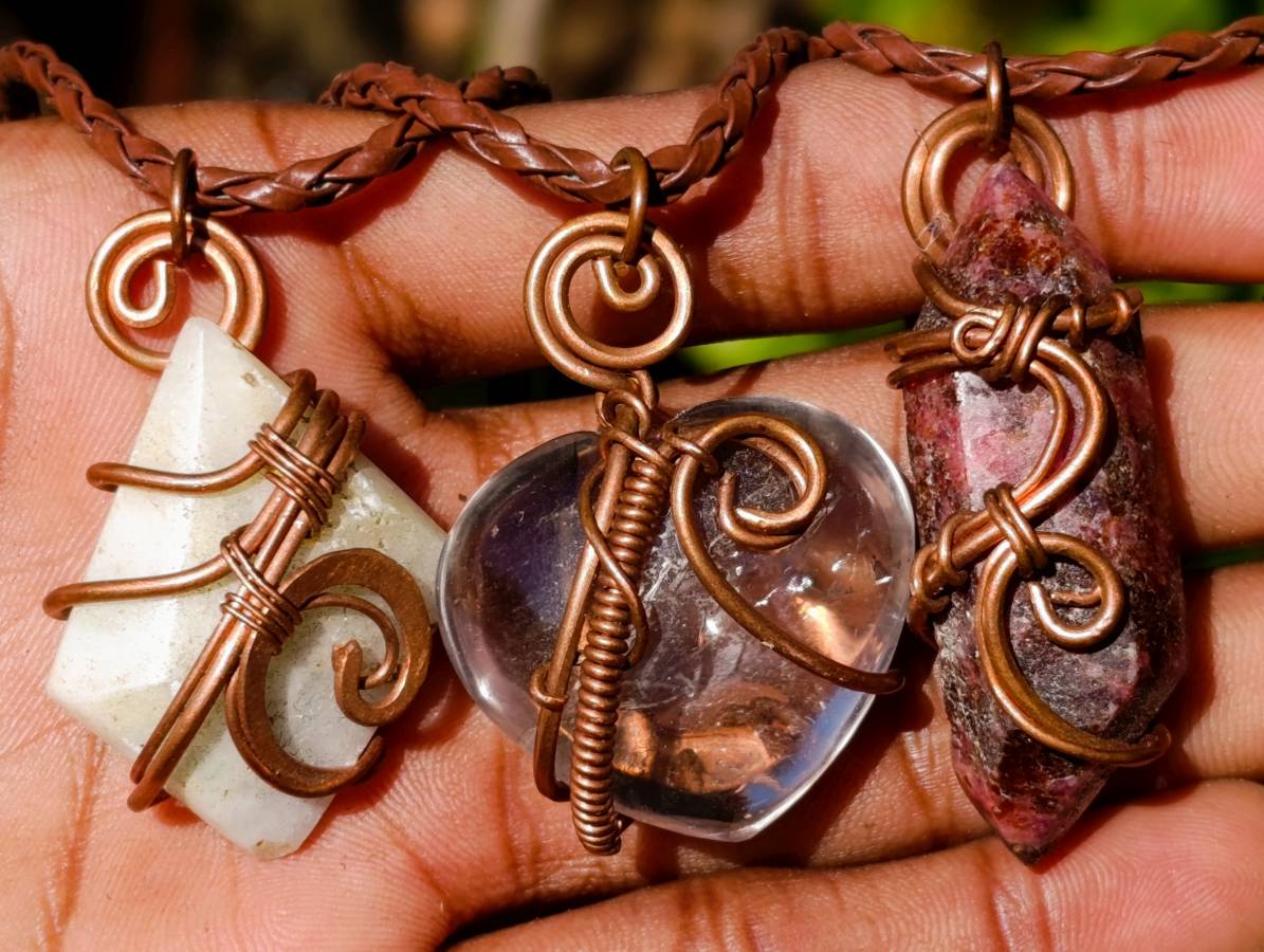 Hand Made Copper Wire Wrapped Pendants x 6 From Southern Africa - Toprock Gemstones and Minerals 