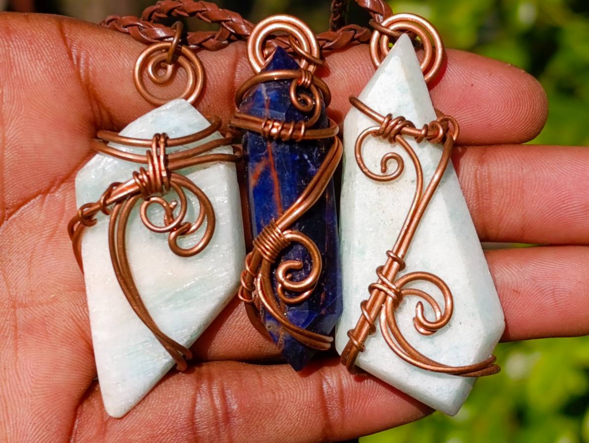 Hand Made Copper Wire Wrapped Pendants x 6 From Southern Africa - Toprock Gemstones and Minerals 