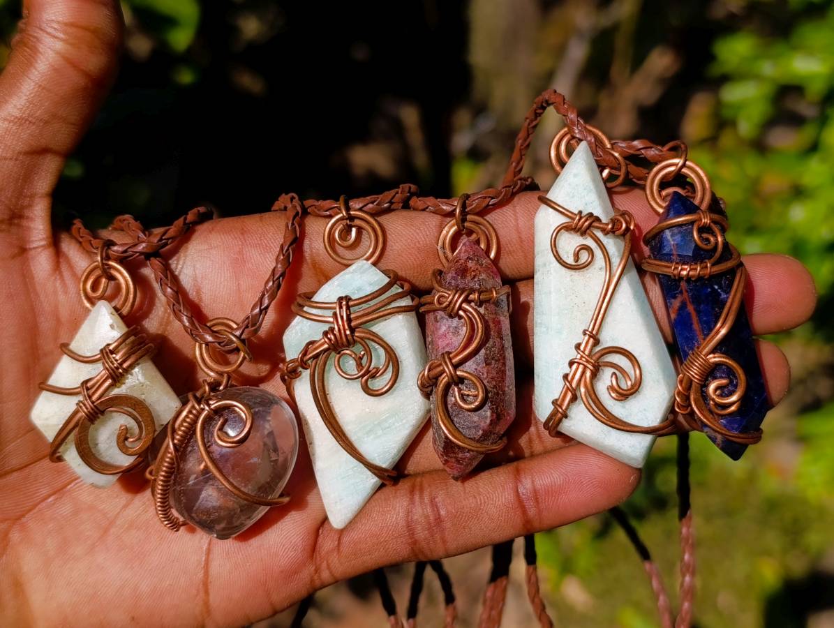 Hand Made Copper Wire Wrapped Pendants x 6 From Southern Africa - Toprock Gemstones and Minerals 