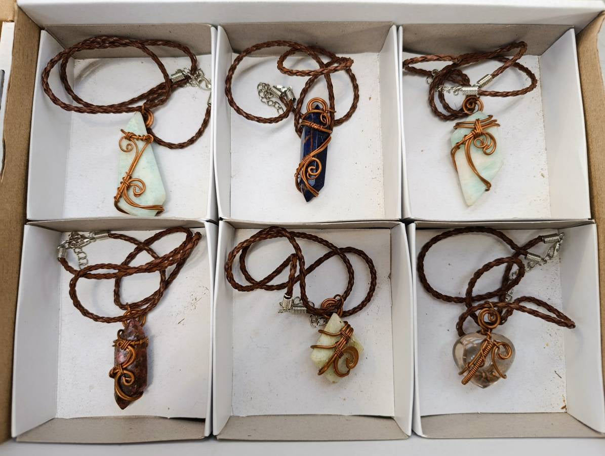 Hand Made Copper Wire Wrapped Pendants x 6 From Southern Africa - Toprock Gemstones and Minerals 