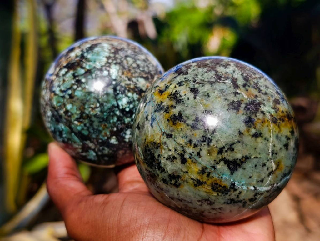 Polished "African Turquoise" Chrysocolla Spheres x 2 From Blue Mine, South Africa - Toprock Gemstones and Minerals 