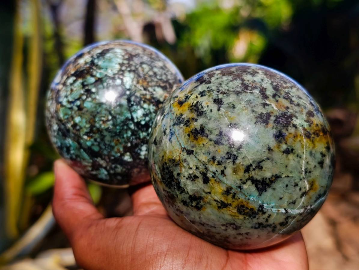 Polished "African Turquoise" Chrysocolla Spheres x 2 From Blue Mine, South Africa - Toprock Gemstones and Minerals 
