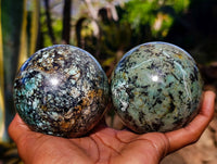Polished "African Turquoise" Chrysocolla Spheres x 2 From Blue Mine, South Africa